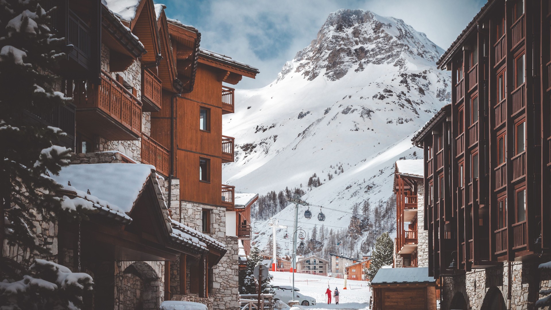 Snow-covered ski resort of Val d'Isere french village with awesome mountain view in Alps